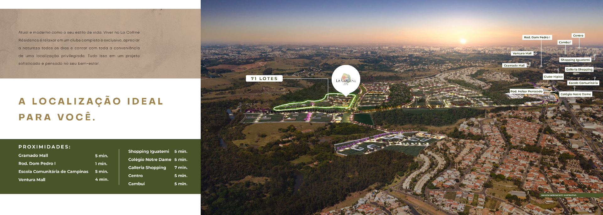Mapa aéreo mostrando a localização do La Colline em Sousas com proximidade ao Shopping Iguatemi, Cambuí e centro de Campinas